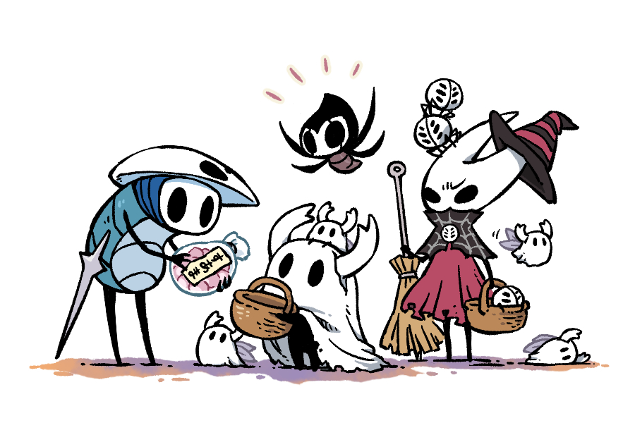 fuifui, grimmchild, hornet (hollow knight), knight (hollow knight), quirrel, hollow knight, alternate costume, basket, broom, bug, cloak, flying, ghost costume, halloween, halloween costume, hat, holding, holding basket, holding broom, hollow eyes, horned mask, mask, mask on head, nail (hollow knight), red cloak, sheet ghost, spider, white mask, wings, witch hat