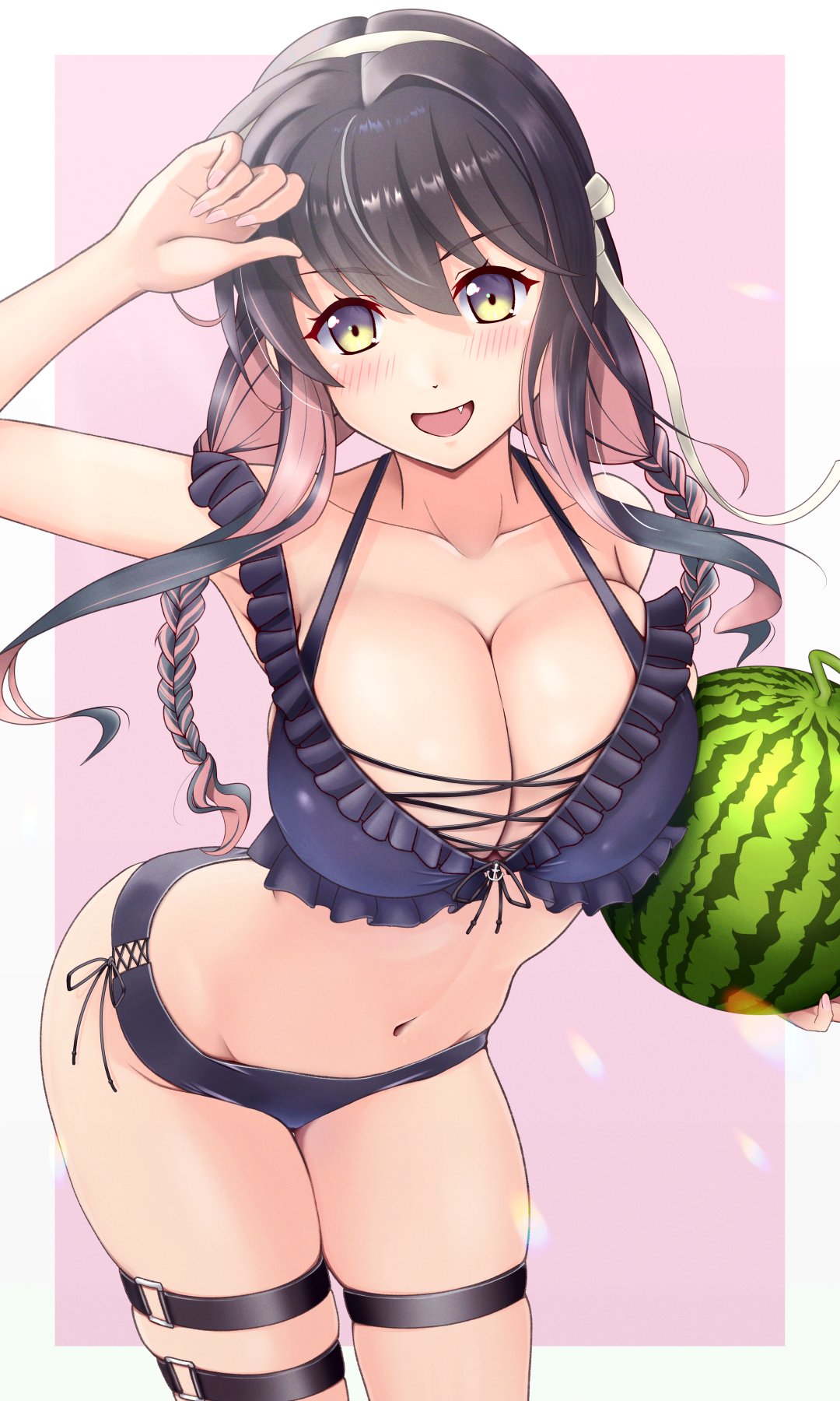mesera, naganami (kancolle), naganami kai ni (kancolle), kantai collection, highres, 1girl, bikini, black bikini, black hair, braid, breasts, cowboy shot, criss-cross straps, depth charge, food, frilled bikini, frills, fruit, hairband, holding, holding food, holding fruit, large breasts, long hair, looking at viewer, low twin braids, multicolored hair, naganami kai ni (swimsuit) (kancolle), open mouth, pink background, pink hair, side-tie bikini bottom, solo, swimsuit, twin braids, two-tone hair, watermelon, wavy hair, white background, white hairband