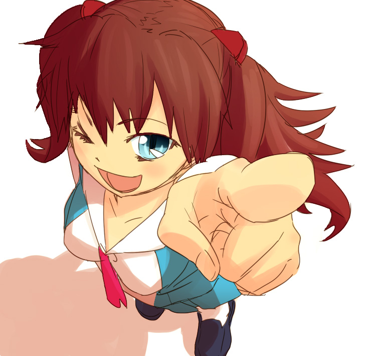 mizu asato, souryuu asuka langley, neon genesis evangelion, 1girl, blue eyes, female focus, foreshortening, one eye closed, pointing, school uniform, solo, wink
