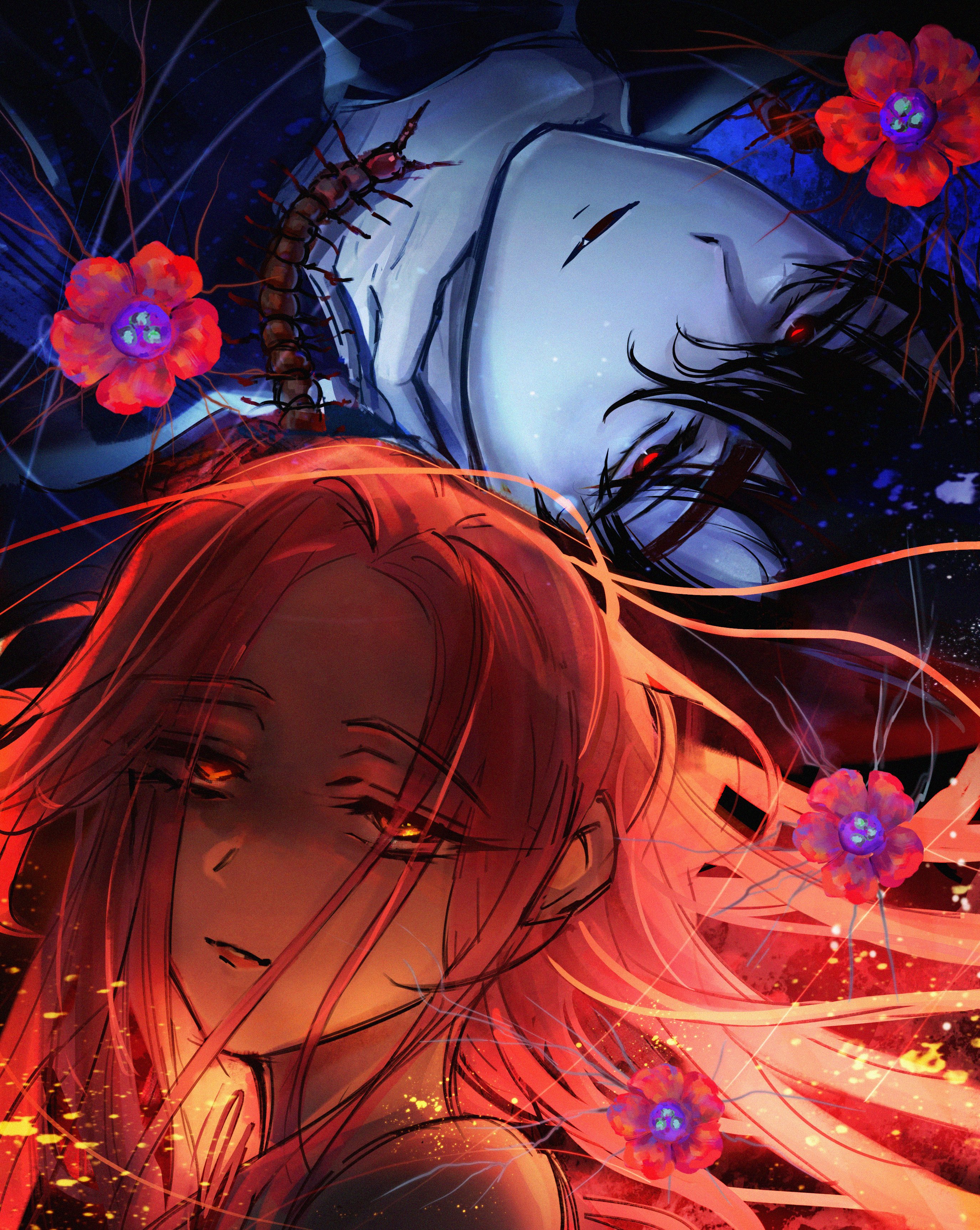 ivan (alien stage), mizi (alien stage), alien stage, absurdres, commentary, english commentary, highres, 1boy, 1girl, black eyes, black hair, bug, centipede, eve hw, fang, flower, long hair, pink hair, red flower, red pupils, yellow eyes