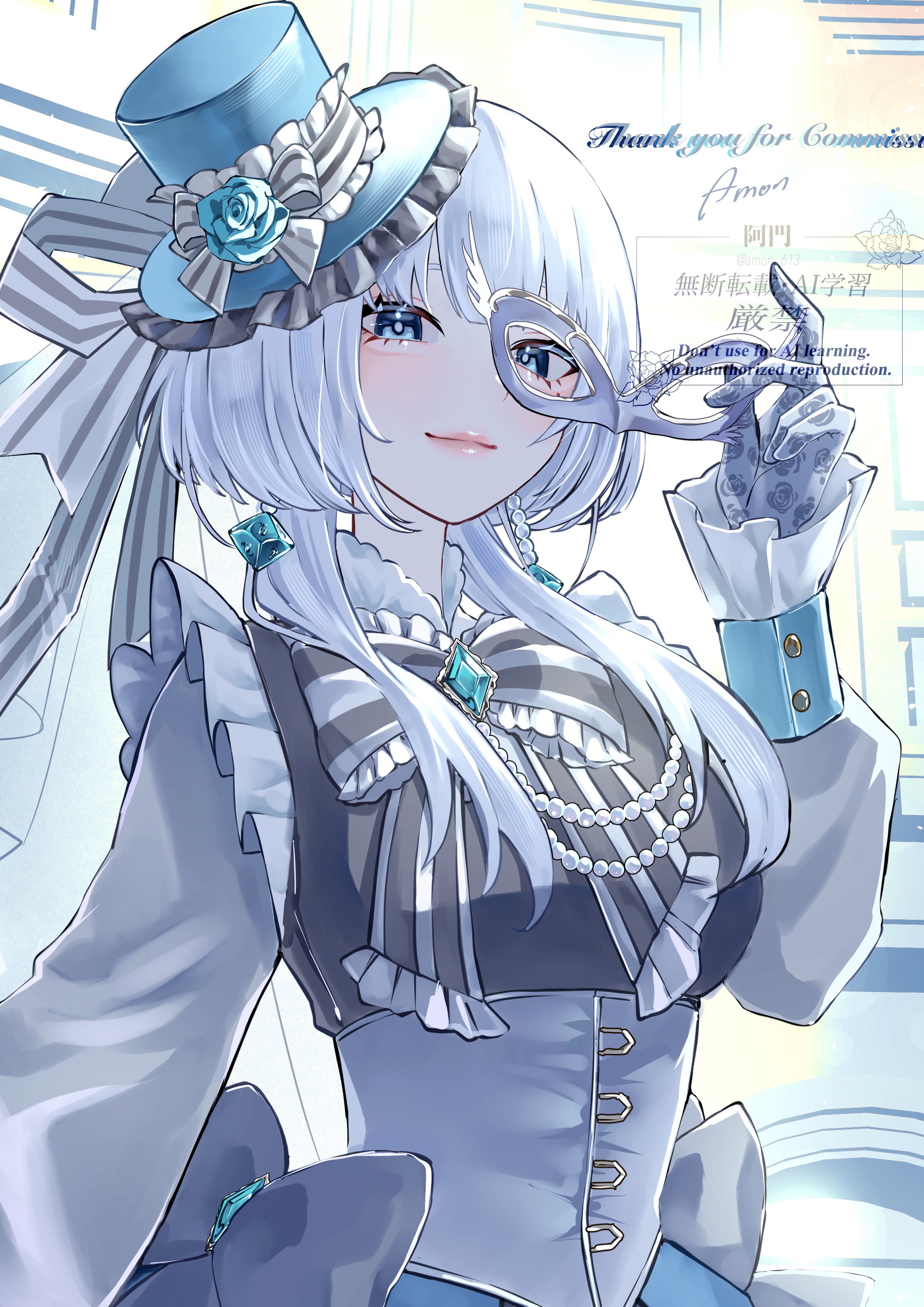 amon 613, absurdres, character request, commission, copyright request, highres, 1girl, aqua flower, aqua gemstone, aqua hat, arm up, blue eyes, breasts, closed mouth, corset, dress, dress ribbon, earrings, facing to the side, flower, frilled ribbon, frilled sleeves, frills, gem, gloves, hat, hat ribbon, holding, holding mask, jewelry, lace, lace gloves, light blush, lipstick, long hair, long sleeves, looking at viewer, makeup, mask, masquerade mask, medium breasts, mini hat, mini top hat, mole, mole under eye, neck ribbon, ribbon, short hair with long locks, smirk, solo, swept bangs, top hat, upper body, watermark, white background, white dress, white gloves, white mask, white ribbon