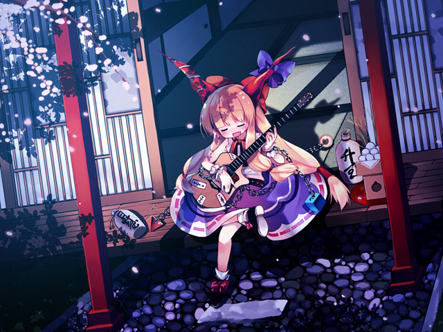 ikawa waki, ibuki suika, touhou, 1girl, acoustic guitar, blonde hair, chain, closed eyes, female focus, guitar, horns, instrument, long hair, orange hair, petals, ribbon, solo