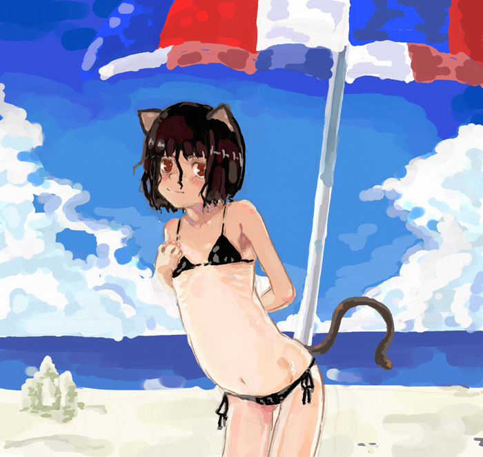 lefty10, 1girl, animal ears, beach, bikini, black bikini, black hair, blush, day, female focus, flat chest, ocean, outdoors, red eyes, short hair, side-tie bikini bottom, solo, swimsuit, tail