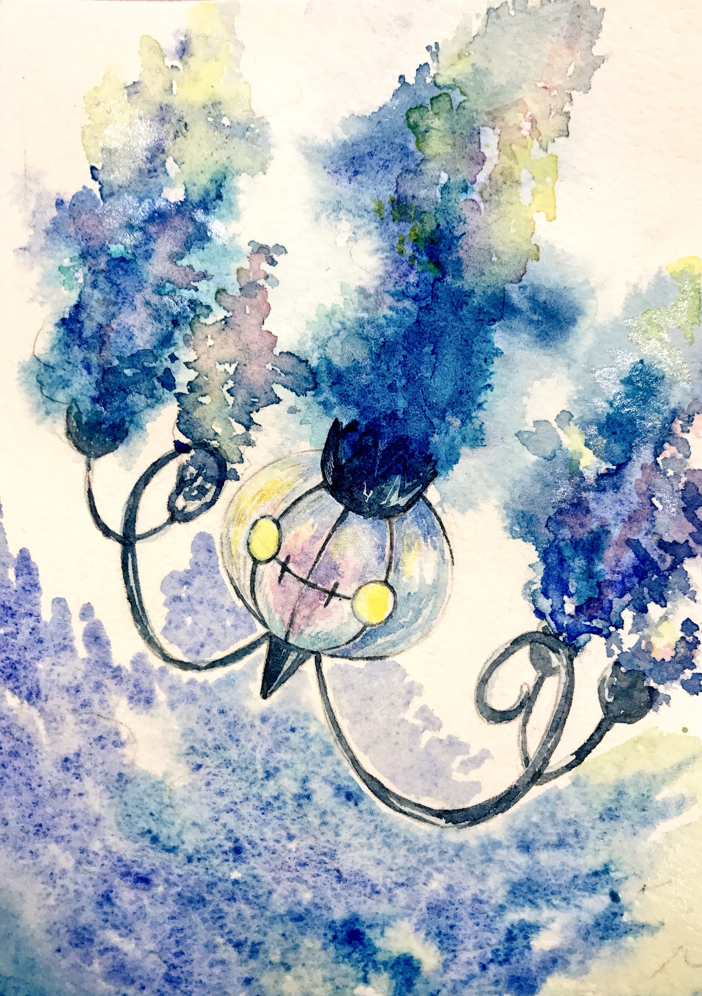 mint nappa, chandelure, nintendo, pokemon, commentary request, highres, painting (medium), traditional media, watercolor (medium), blue fire, fire, full body, gen 5 pokemon, no humans, pokemon (creature), solo, yellow eyes