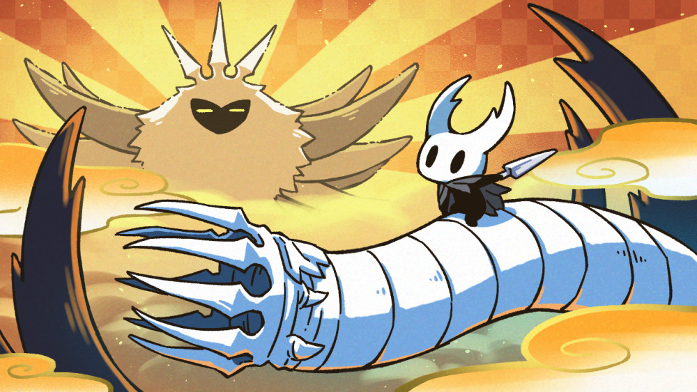 fuifui, knight (hollow knight), pale king (hollow knight), radiance (hollow knight), hollow knight, bug, cloud, grey cloak, holding, holding weapon, hollow eyes, horned mask, insect, mask, moth, nail (hollow knight), standing on animal, weapon, white mask, worm, yellow eyes