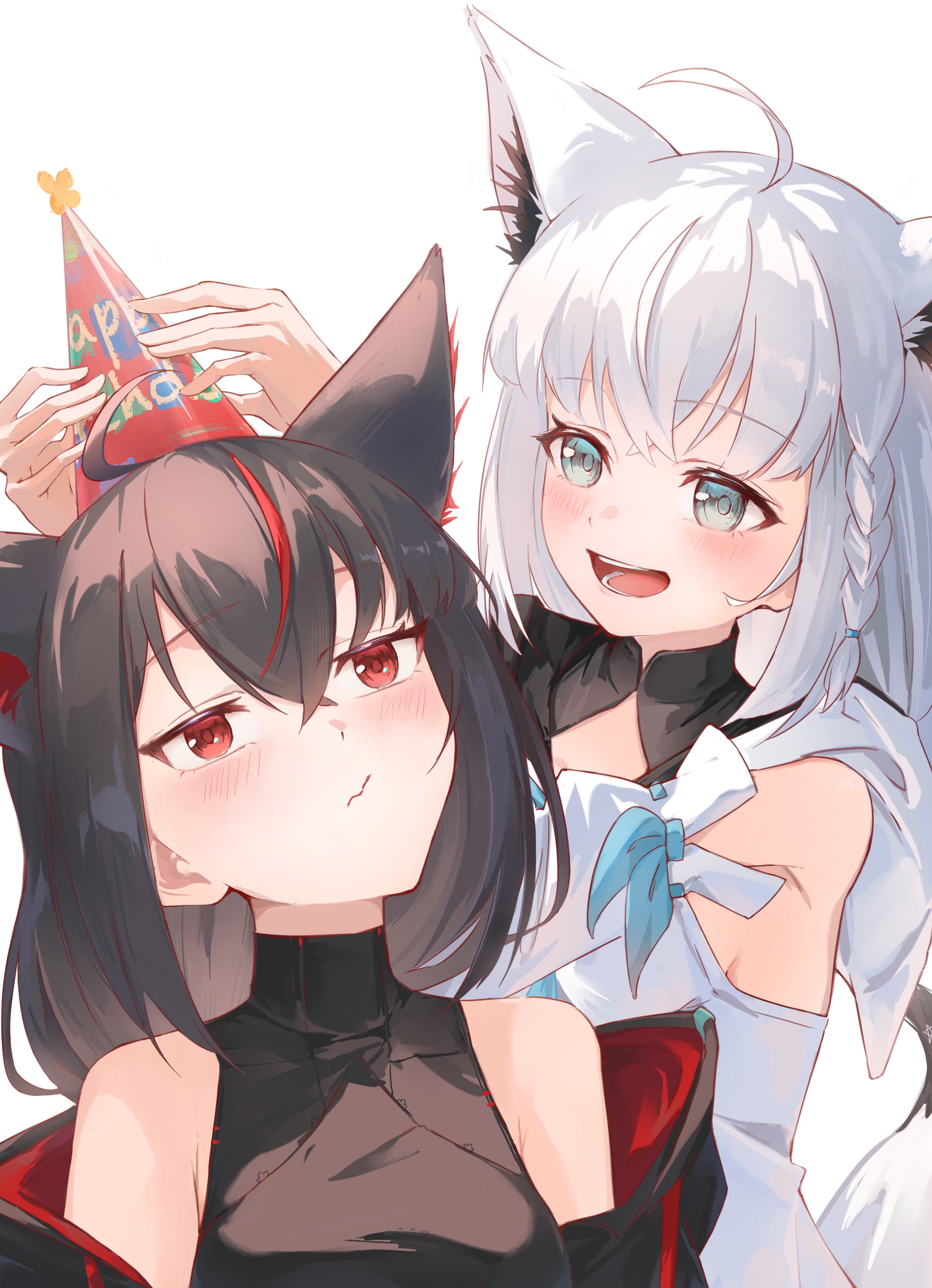 maymea, kurokami fubuki, shirakami fubuki, shirakami fubuki (1st costume), hololive, absurdres, highres, 2girls, ahoge, animal ear fluff, animal ears, black hair, blush, breasts, closed mouth, detached sleeves, fox ears, fox girl, fox tail, green eyes, long hair, long sleeves, looking at another, medium breasts, multicolored hair, multiple girls, open mouth, red eyes, red hair, shirt, sideboob, simple background, sleeveless, sleeveless shirt, smile, tail, virtual youtuber, white background, white hair, wolf ears, wolf girl