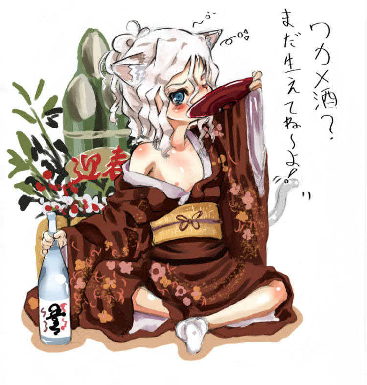 lefty10, translation request, alcohol, animal ears, blue eyes, blush, cat ears, cat tail, drinking, drunk, flat chest, flower, japanese clothes, nipple slip, nipples, no bra, off shoulder, one eye closed, open clothes, sake, sitting, socks, solo, tabi, tail, white hair, wink