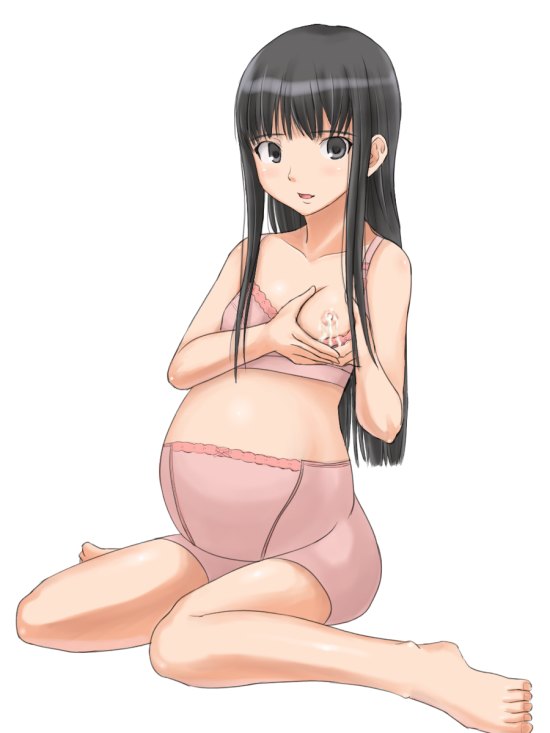 myu-po, futami eriko, kimi kiss, 1girl, bad anatomy, bad feet, barefoot, black eyes, black hair, bra, breasts, feet, female focus, hand on own chest, hime cut, lactation, lingerie, long hair, looking at viewer, maternity underwear, nipples, one breast out, poorly drawn, pregnant, self milking, small breasts, solo, underwear