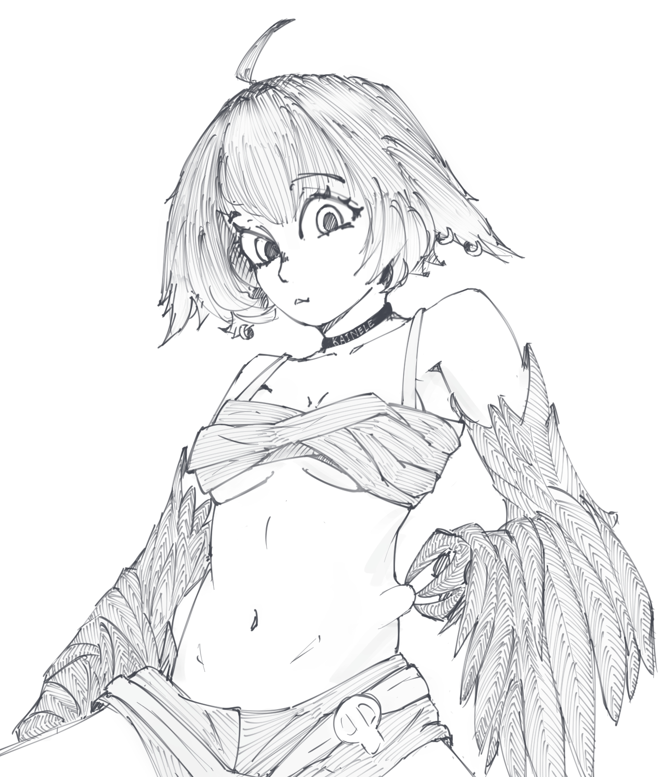 original, commentary, english commentary, highres, 1girl, ahoge, bare shoulders, borrowed character, breasts, earrings, greyscale, harpe, harpy, jewelry, looking at viewer, midriff, monochrome, monster girl, multiple earrings, navel, parted lips, pinching belly, short hair, small breasts, solo, underboob, videritus