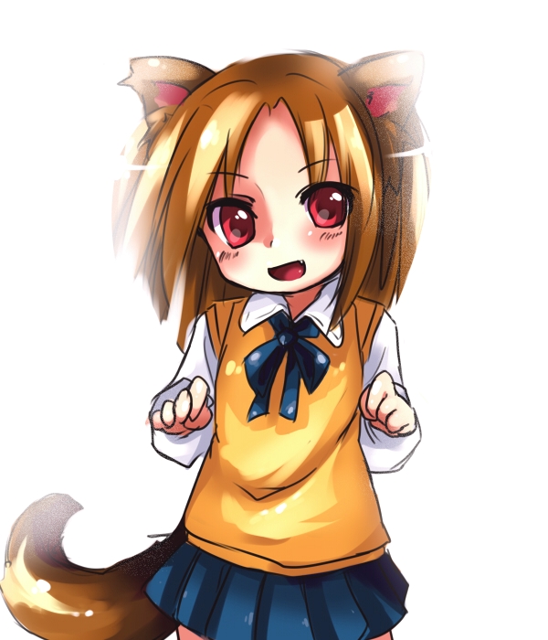 kumuiutabito, yumizuka satsuki, tsukihime, 00s, 1girl, animal ears, blue skirt, brown hair, fang, female focus, red eyes, school uniform, serafuku, short hair, skirt, solo, tail