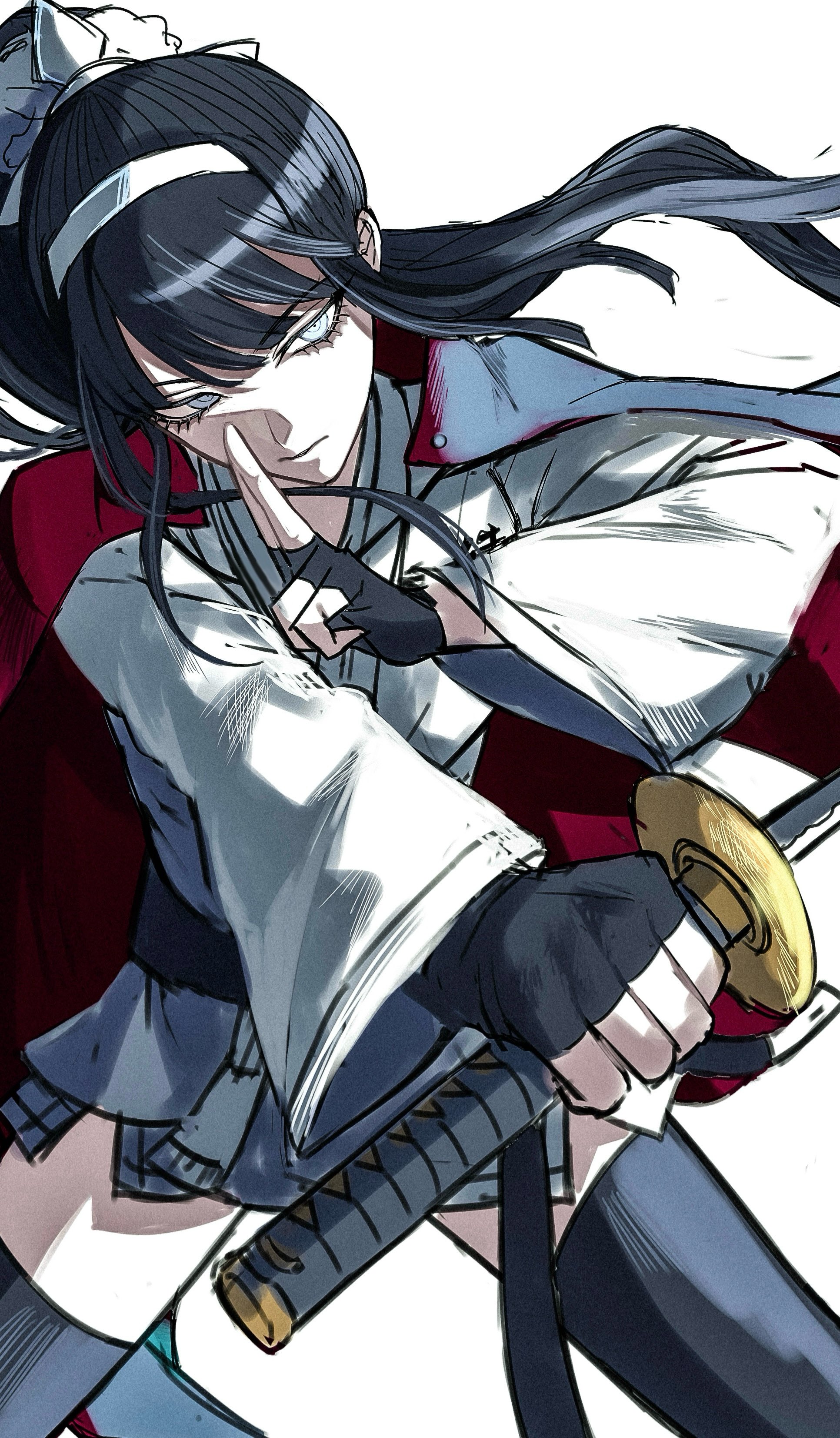 magadori kyoshika, the hundred line -last defense academy-, absurdres, commentary request, highres, 1girl, black gloves, black hair, black thighhighs, cape, closed mouth, fingerless gloves, floating hair, gloves, hairband, holding, holding sword, holding weapon, japanese clothes, katana, long hair, long sleeves, ponytail, red cape, simple background, solo, sword, thighhighs, weapon, white background, white hairband, zeta x55