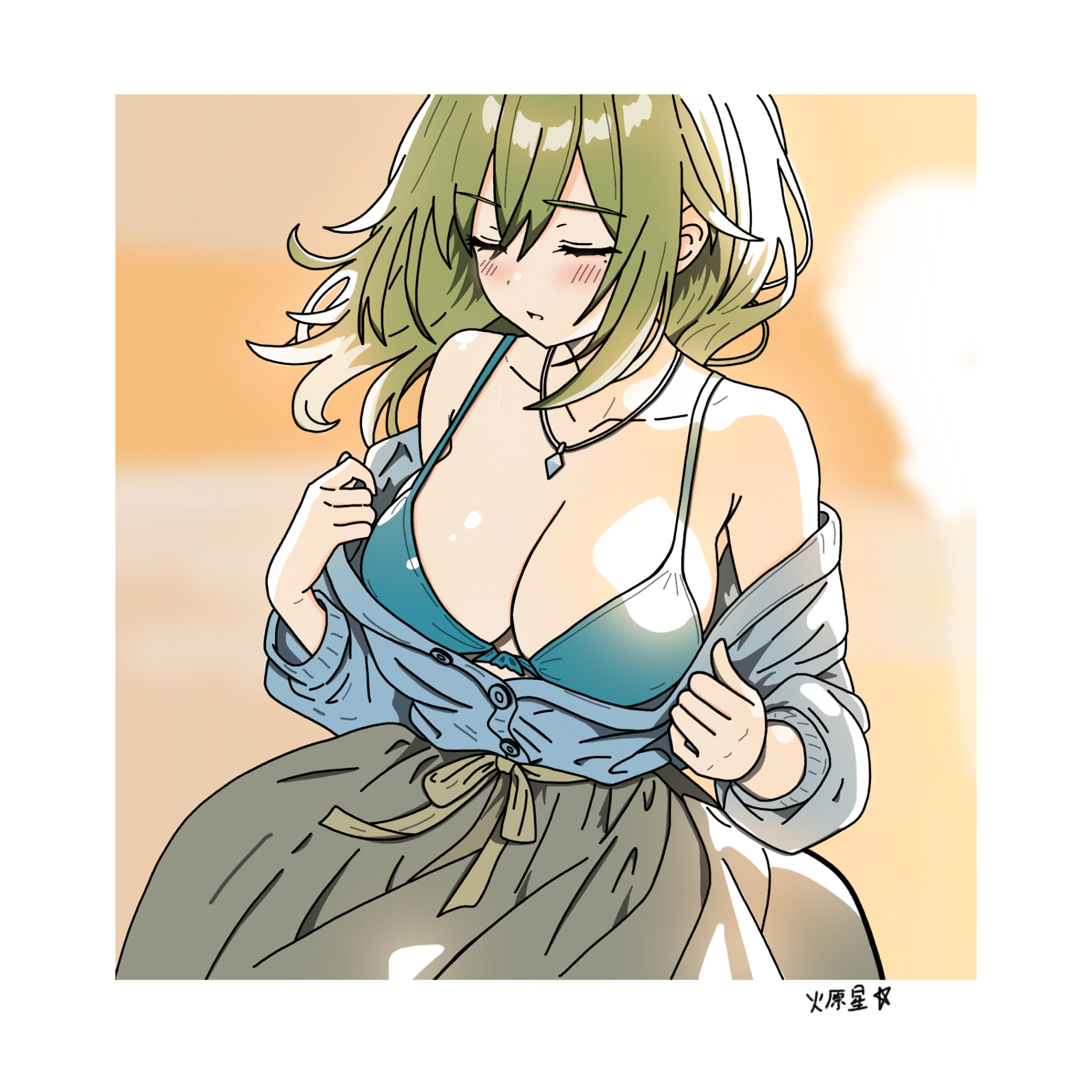 venus (zenless zone zero), zenless zone zero, commentary request, highres, 1girl, bare shoulders, blue bra, blue cardigan, bra, cardigan, closed eyes, green hair, grey skirt, hibarakirari, jewelry, long hair, long sleeves, mole, mole under eye, necklace, off shoulder, parted lips, skirt, solo, underwear