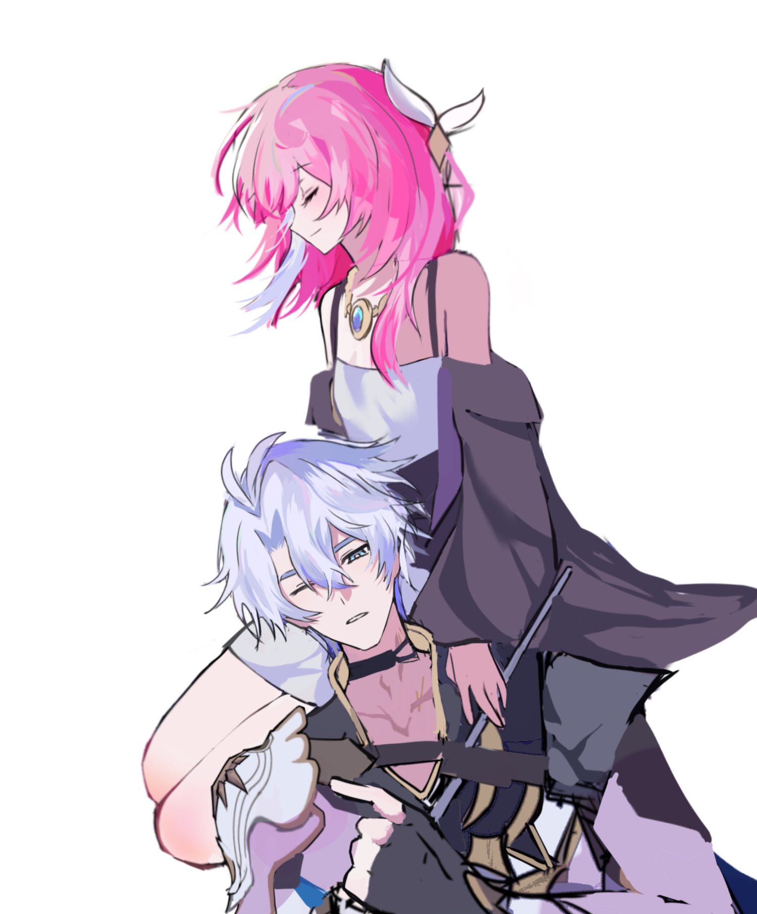 cyrene (honkai: star rail), phainon (honkai: star rail), honkai: star rail, honkai (series), commentary request, highres, korean commentary, 00 wh1te, 1boy, 1girl, bare shoulders, breasts, coat, hair ornament, jewelry, lap pillow, multicolored hair, necklace, pink hair, purple coat, short hair, simple background, small breasts, thighs, two-tone hair, white background, white coat, white hair