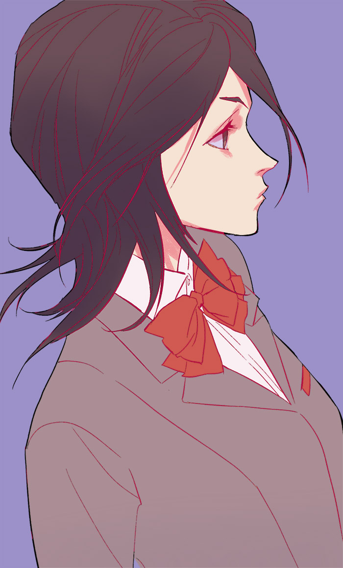 huangdanlan, kuchiki rukia, bleach, commentary, english commentary, 1girl, bow, closed mouth, collared shirt, from side, grey jacket, jacket, purple background, red bow, school uniform, shirt, short hair, simple background, solo, upper body, white shirt