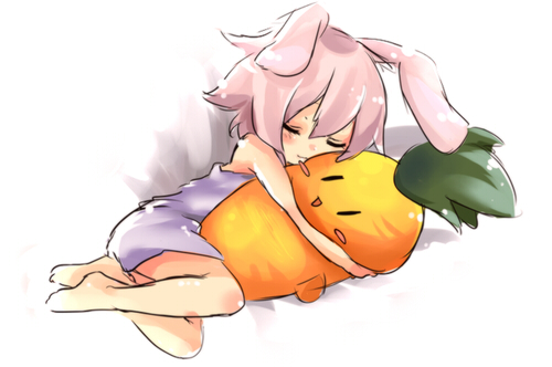 kumuiutabito, lowres, animal ears, carrot, hugging object, pillow, pillow hug, rabbit ears, sleeping, solo
