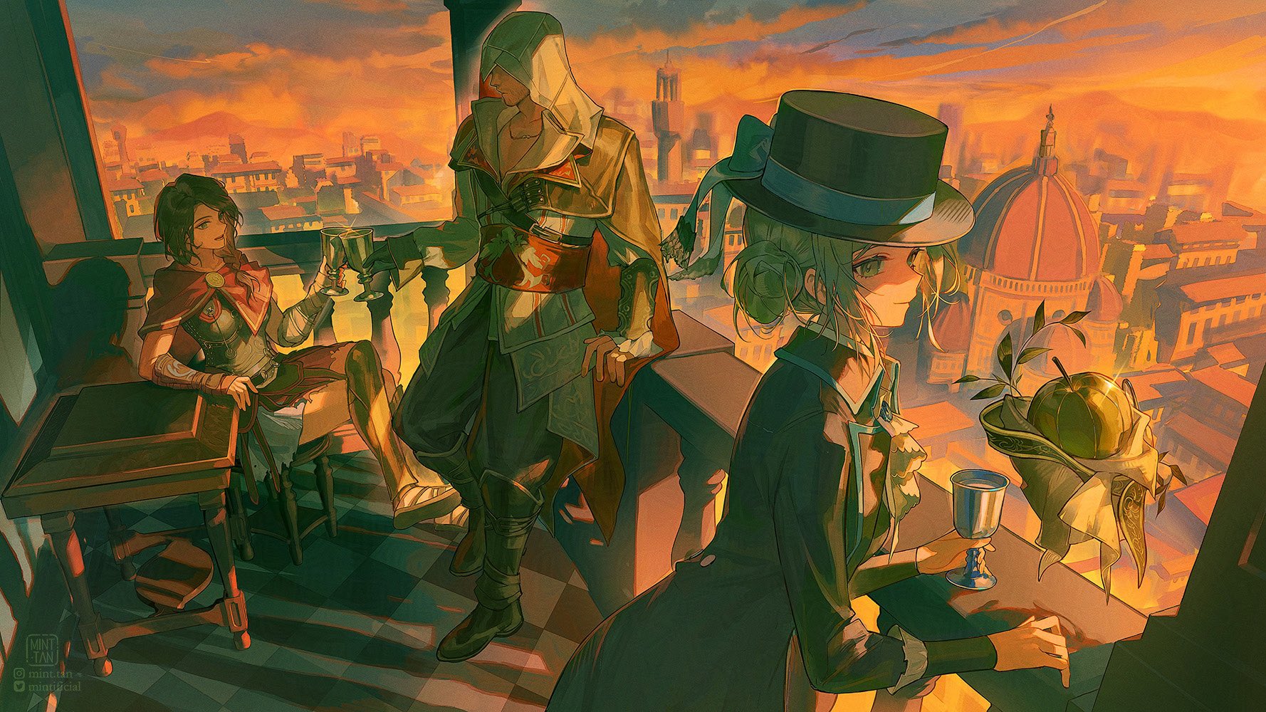 mint-tan, apple (reverse:1999), ezio auditore da firenze, vertin (reverse:1999), assassin's creed (series), reverse:1999, commentary, english commentary, highres, 1boy, 2girls, apple (the fruit of wisdom) (reverse:1999), black hat, black suit, blue ribbon, boots, brown hair, cape, closed mouth, crossover, cup, florence (city), florence cathedral, formal clothes, hair bun, hat, hat ribbon, holding, holding cup, kassandra of sparta, light frown, long hair, long sleeves, looking at another, looking to the side, multiple girls, open mouth, orange sky, ribbon, short hair, sitting, sky, standing, suit, toasting (gesture)