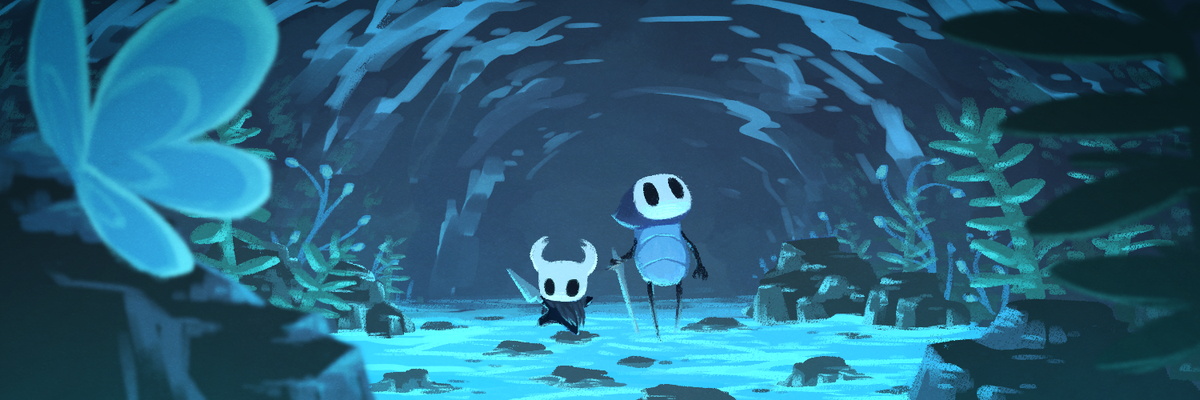 fuifui, knight (hollow knight), quirrel, hollow knight, blue flower, cave interior, flower, grey cloak, holding, holding weapon, hollow eyes, horned mask, mask, nail (hollow knight), plant, wading, walking, water, weapon, white mask