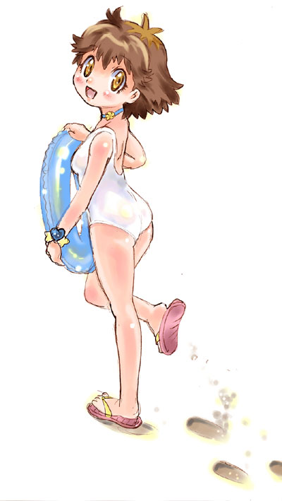nishida asako, ntk (7t5), toe, suzuki nana, shichinin no nana, 00s, 1girl, brown hair, choker, feet, female focus, flip-flops, innertube, one-piece swimsuit, sandals, solo, swim ring, swimsuit, yellow eyes