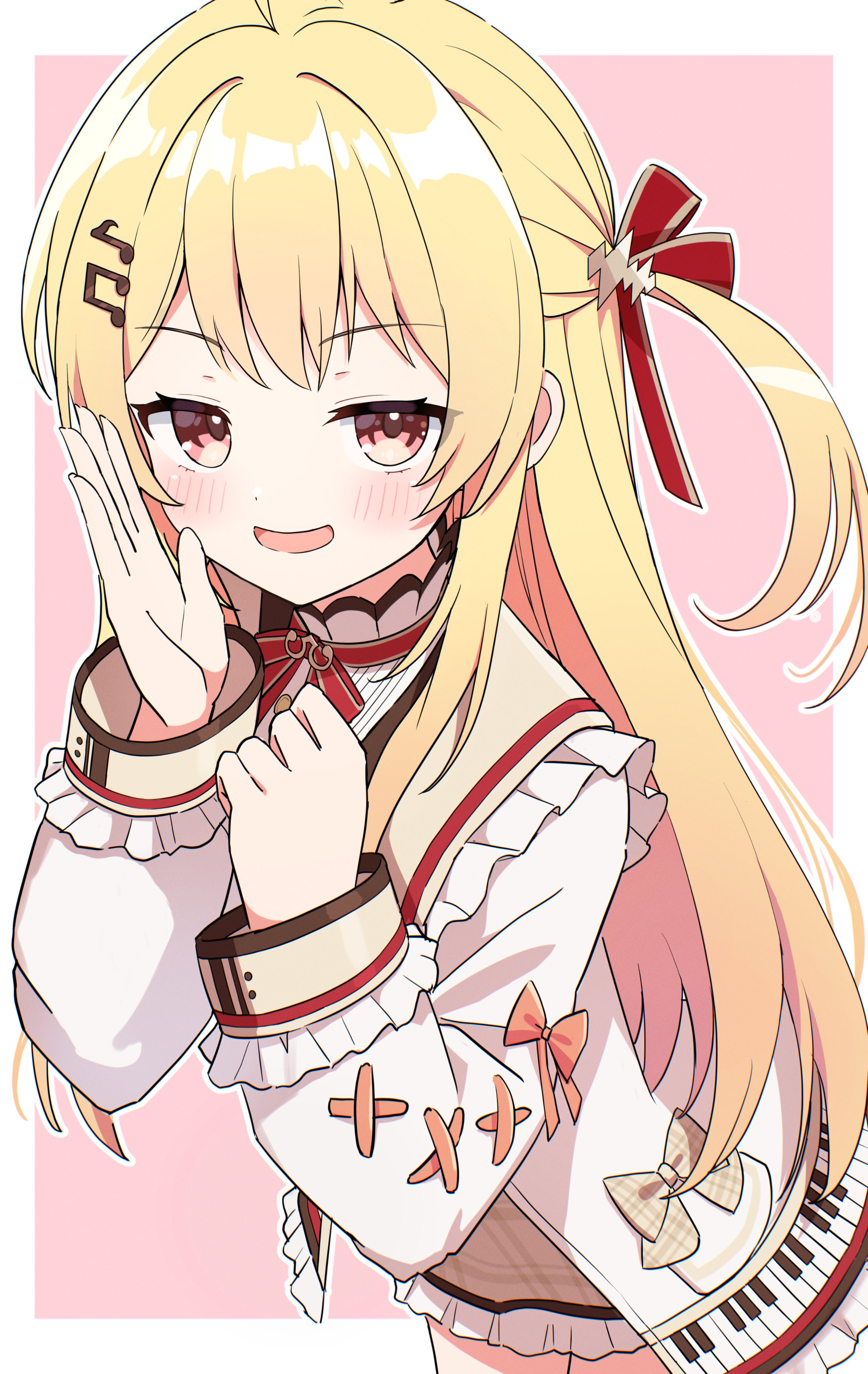kaie, otonose kanade, hololive, hololive dev is, absurdres, commentary request, highres, 1girl, blonde hair, blush, border, bow, brown skirt, cowboy shot, frilled skirt, frills, hair ribbon, jacket, long hair, long sleeves, looking at viewer, neck ribbon, open mouth, outside border, pink background, red bow, red eyes, red ribbon, ribbon, simple background, skirt, sleeve bow, smile, solo, virtual youtuber, white border, white jacket