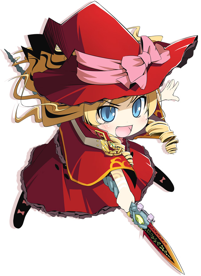 bakutendou, doctor magus, doctor magus 4, atlus, etrian odyssey, bad id, bad pixiv id, 1girl, :d, blonde hair, blue eyes, boots, bow, capelet, chibi, drill hair, female focus, fighting stance, frills, full body, gem, hat, long hair, looking at viewer, open mouth, outstretched arm, pink bow, polearm, shadow, sidelocks, simple background, slit pupils, smile, solo, spear, spread legs, staff, twin drills, twintails, wavy hair, weapon, witch hat