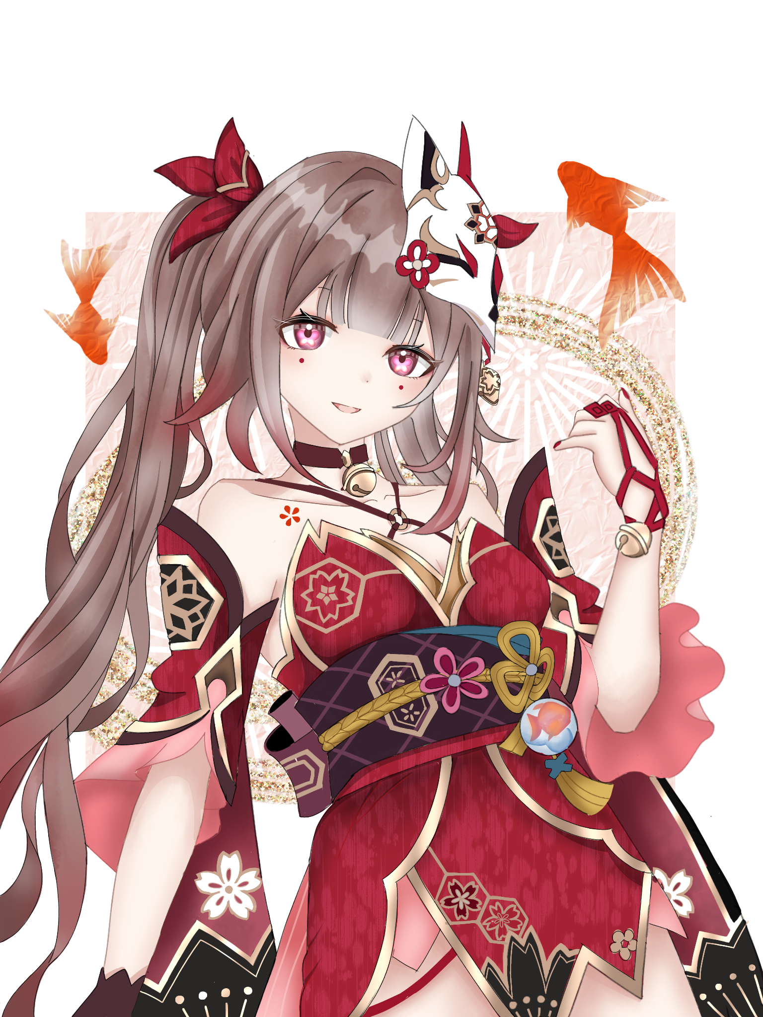 cocoria (cocoi), sparkle (honkai: star rail), honkai: star rail, honkai (series), highres, 1girl, bell, breasts, brown hair, collarbone, detached sleeves, fish, fox mask, goldfish, japanese clothes, kimono, long hair, long sleeves, looking at viewer, mask, mole, mole under each eye, mole under eye, multiple moles, neck bell, open mouth, pink eyes, red kimono, red nails, small breasts, smile, solo, strapless, strapless kimono, twintails