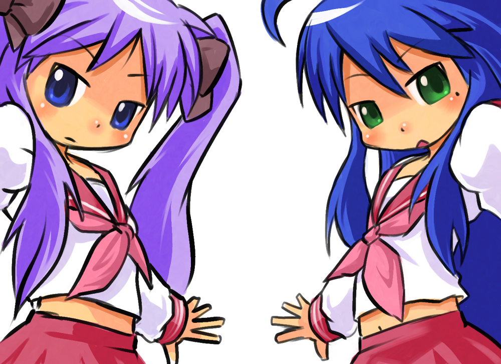 okera, hiiragi kagami, izumi konata, lucky star, 00s, 2girls, :o, ahoge, blue eyes, blue hair, blush, green eyes, long hair, long sleeves, looking at viewer, mole, mole under eye, multiple girls, neckerchief, parted lips, pleated skirt, purple eyes, red skirt, shirt, simple background, skirt, very long hair, white background, white shirt