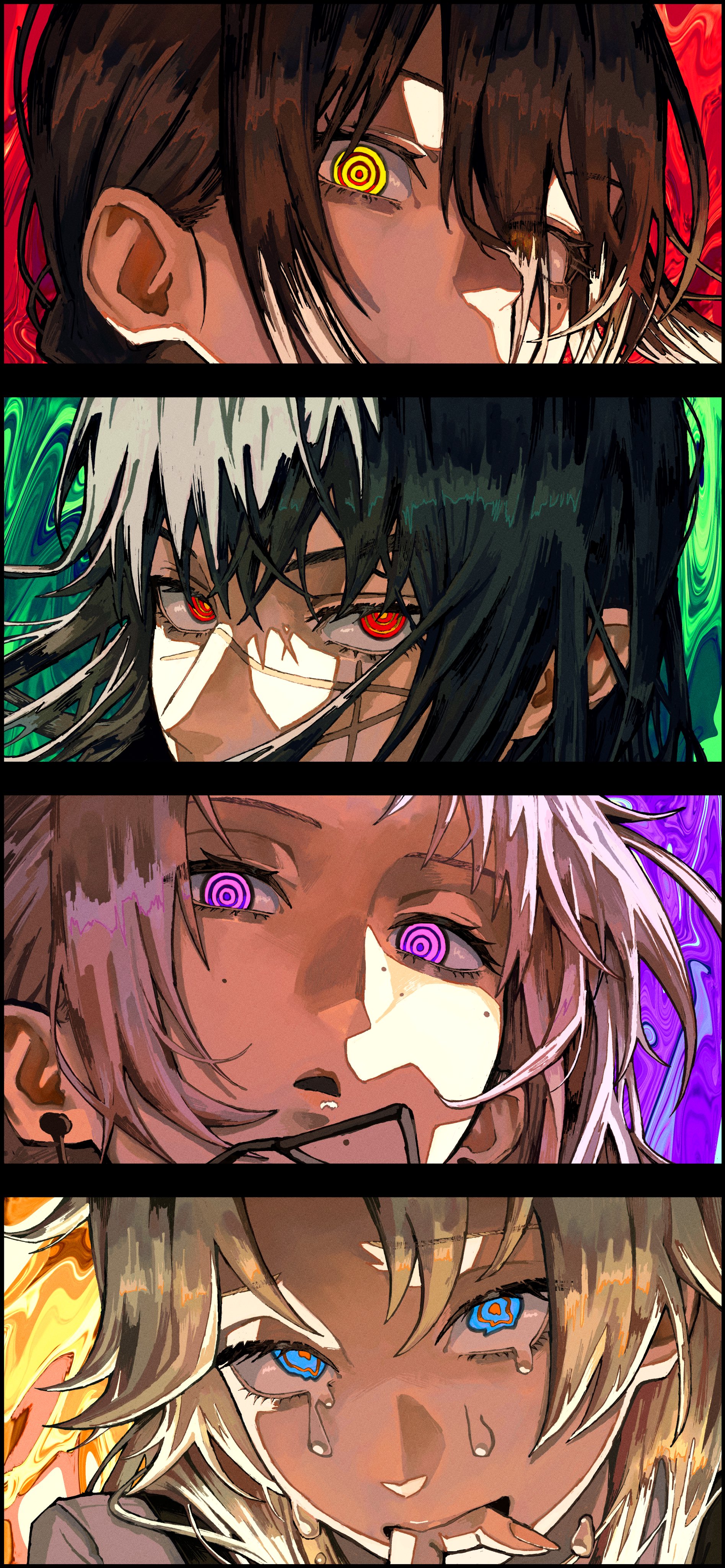 erupusai2, death devil (chainsaw man), famine devil (chainsaw man), nayuta (chainsaw man), yoru (chainsaw man), chainsaw man, absurdres, highres, biting own finger, black hair, blue eyes, cross scar, crying, crying with eyes open, earrings, facial scar, grey hair, hair over one eye, jewelry, long hair, looking at viewer, messy hair, mole, mole under eye, mole under mouth, multiple girls, multiple moles, open mouth, pink eyes, red eyes, ringed eyes, scar, scar on cheek, scar on face, scar on nose, tears, yellow eyes