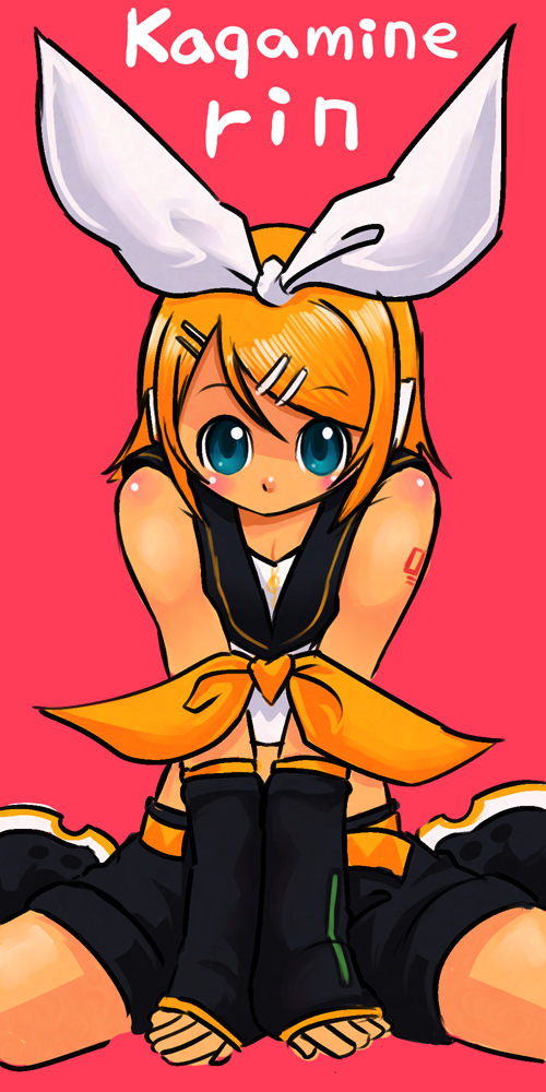 okera, kagamine rin, vocaloid, 1girl, arm support, arm warmers, belt, between legs, black shorts, blonde hair, blouse, blue eyes, blush, bow, character name, female focus, hair bow, hair ornament, hairclip, hand between legs, headphones, leg warmers, looking at viewer, microphone, red background, ribbon, sailor collar, shirt, shoes, short hair, shorts, simple background, sitting, sleeveless, solo, swept bangs, tattoo, v arms, white bow, white shirt, yellow ribbon