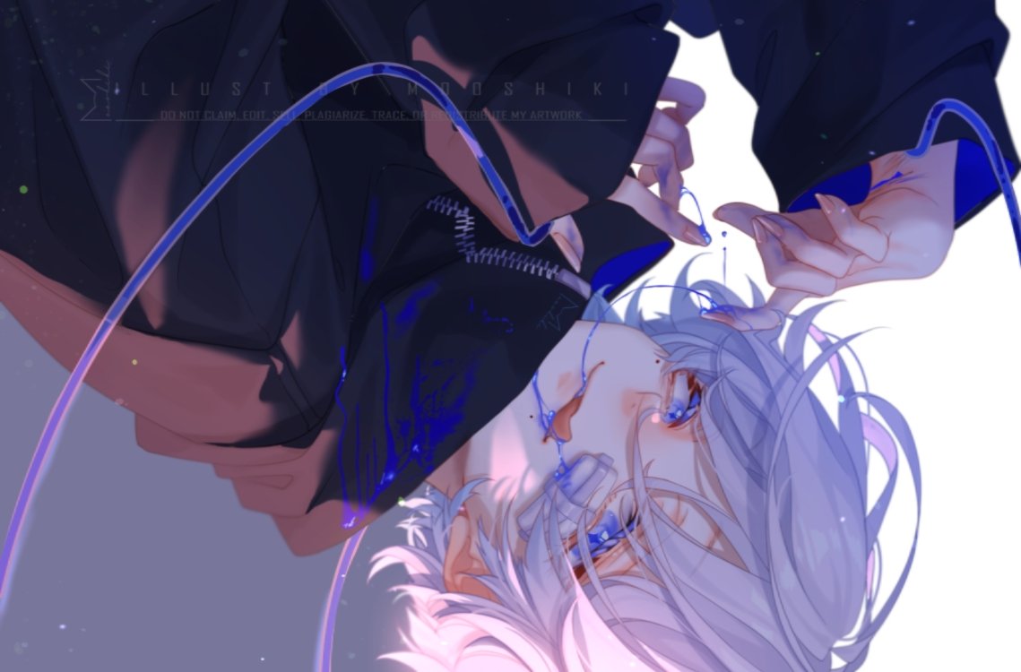 original, commentary, english commentary, 1boy, artist name, black coat, blood, blue blood, blue eyes, coat, fingernails, gauze, gauze on cheek, gauze on face, grey background, hair between eyes, licking lips, long sleeves, looking at viewer, male focus, mooshiki, short hair, smile, solo, tongue, tongue out, two-tone background, upper body, upside-down, white background, white hair, zipper, zipper pull tab
