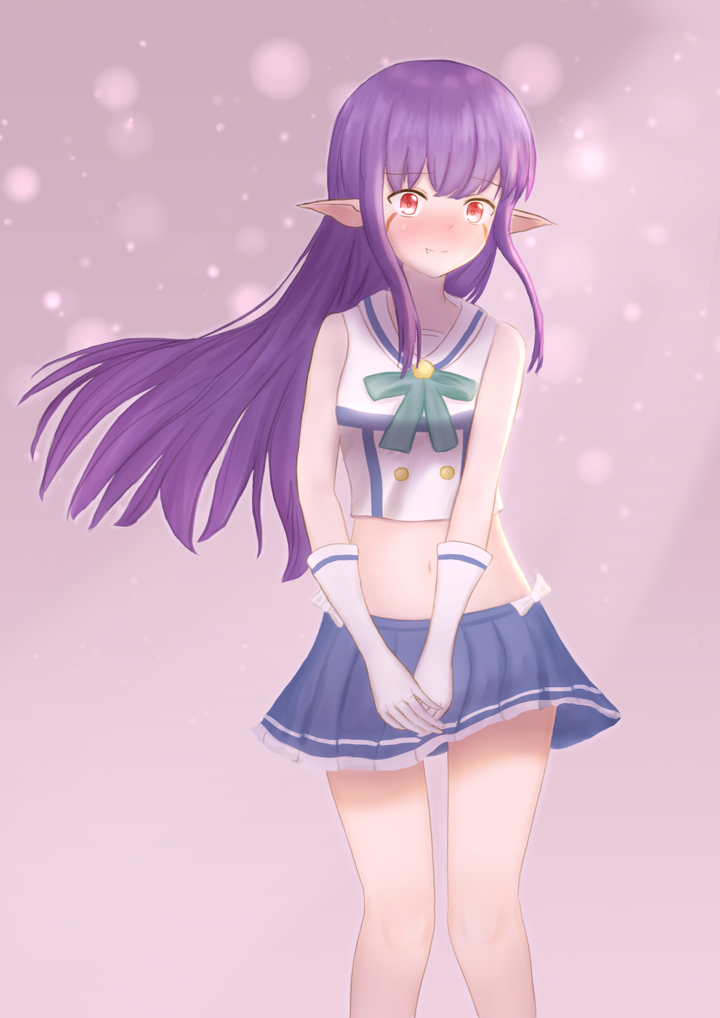 esil radiru, solo leveling, facepaint, gloves, pointy ears, purple hair, red eyes, sailor collar, sailor shirt, shirt, skirt