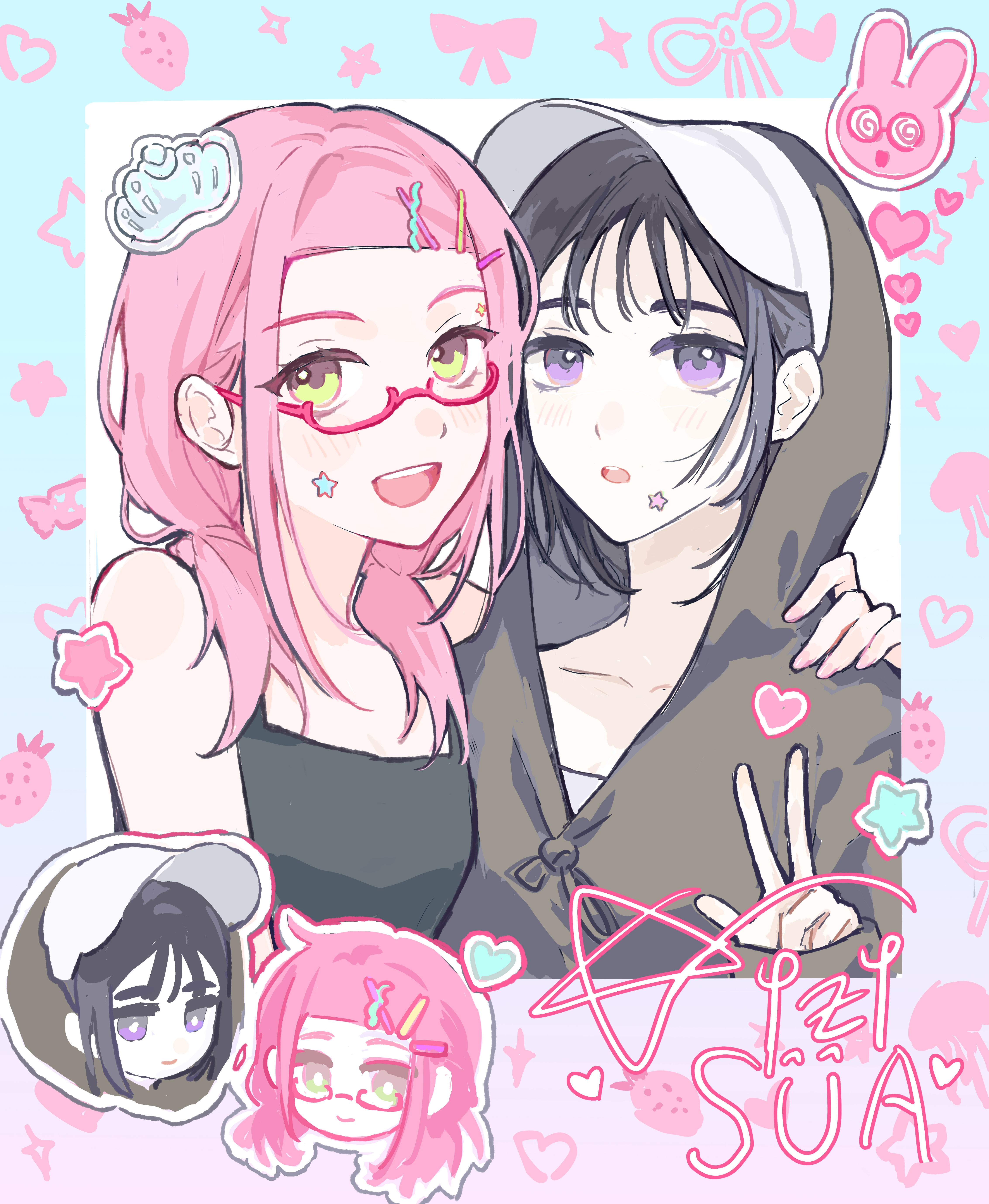mizi (alien stage), sua (alien stage), alien stage, absurdres, highres, 2girls, arm around shoulder, black hoodie, black tank top, character name, character signature, glasses, hair ornament, hairclip, hat, hood, hood up, hoodie, multiple girls, open mouth, pink-framed eyewear, purple eyes, semi-rimless eyewear, shiyu (32666), smile, star (symbol), sticker, sticker on face, tank top, white hat, yellow eyes