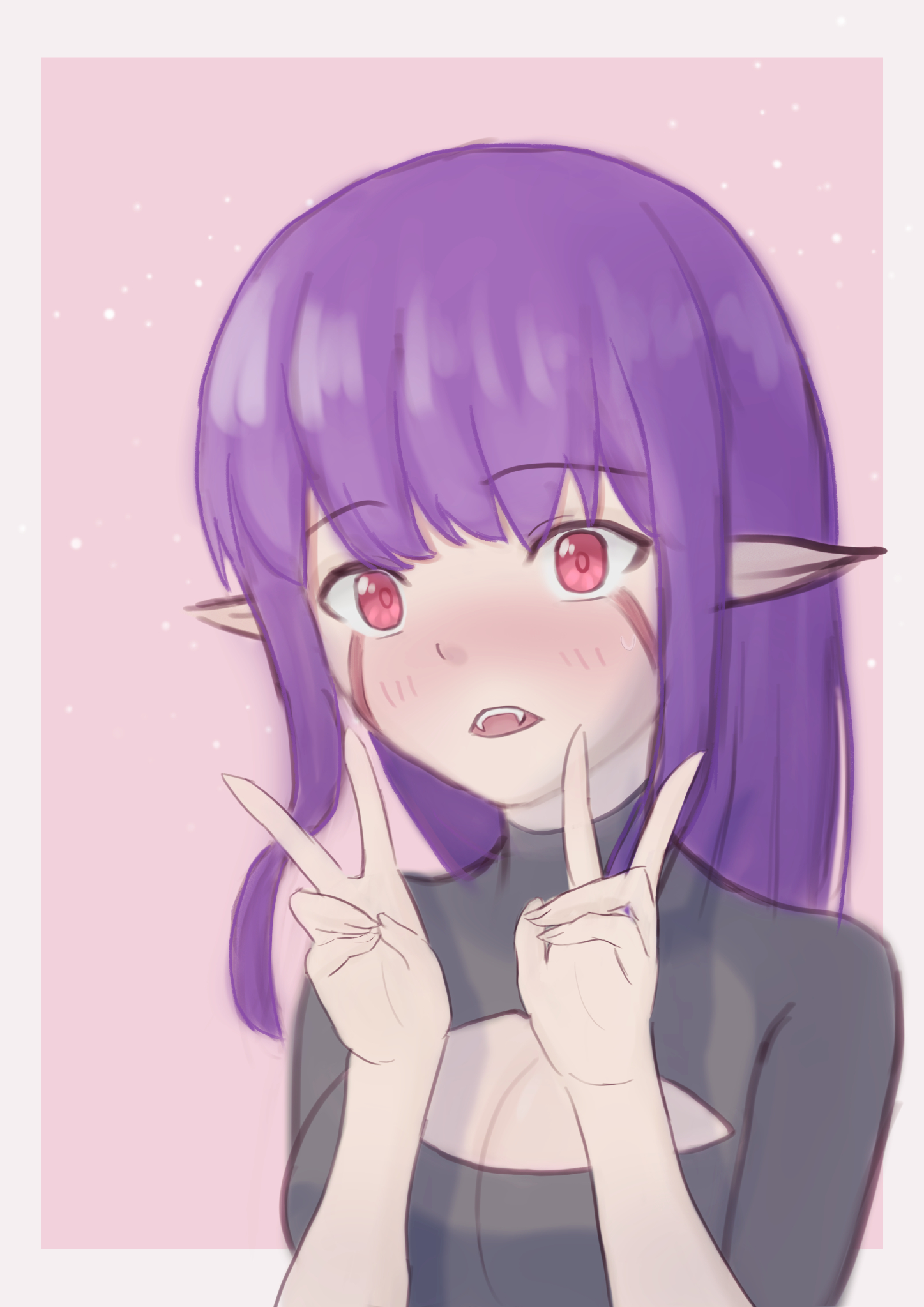 esil radiru, solo leveling, breasts, cleavage, double v, facepaint, pointy ears, purple hair, red eyes, sharp teeth, teeth, v