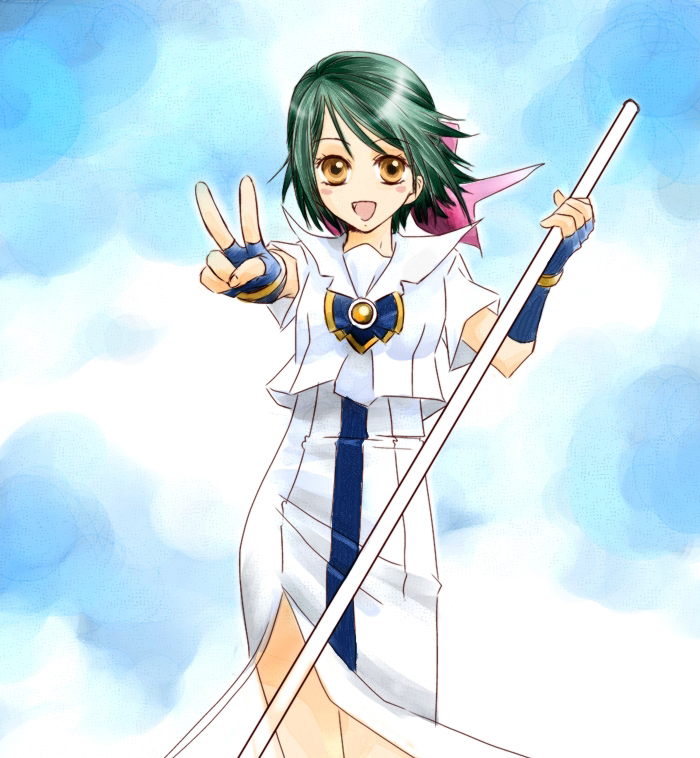 aino ai, aria (manga), 00s, 1girl, black gloves, blouse, brooch, brown eyes, cowboy shot, dress, female focus, fingerless gloves, gem, gloves, green hair, holding, jewelry, looking at viewer, shirt, short hair, short sleeves, solo, staff, standing, v, white dress, white shirt