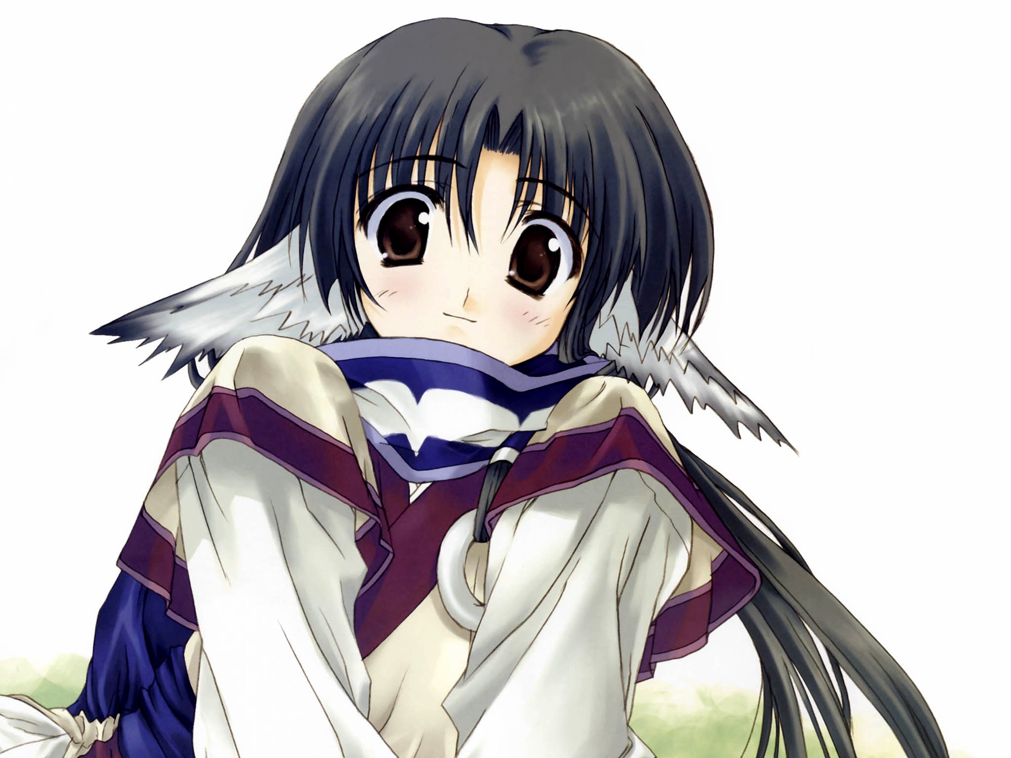 eruruu, utawarerumono, highres, 00s, 1girl, animal ears, black hair, blush, brown eyes, brown hair, dog ears, female focus, from below, japanese clothes, long hair, looking at viewer, looking down, ponytail, smile, solo