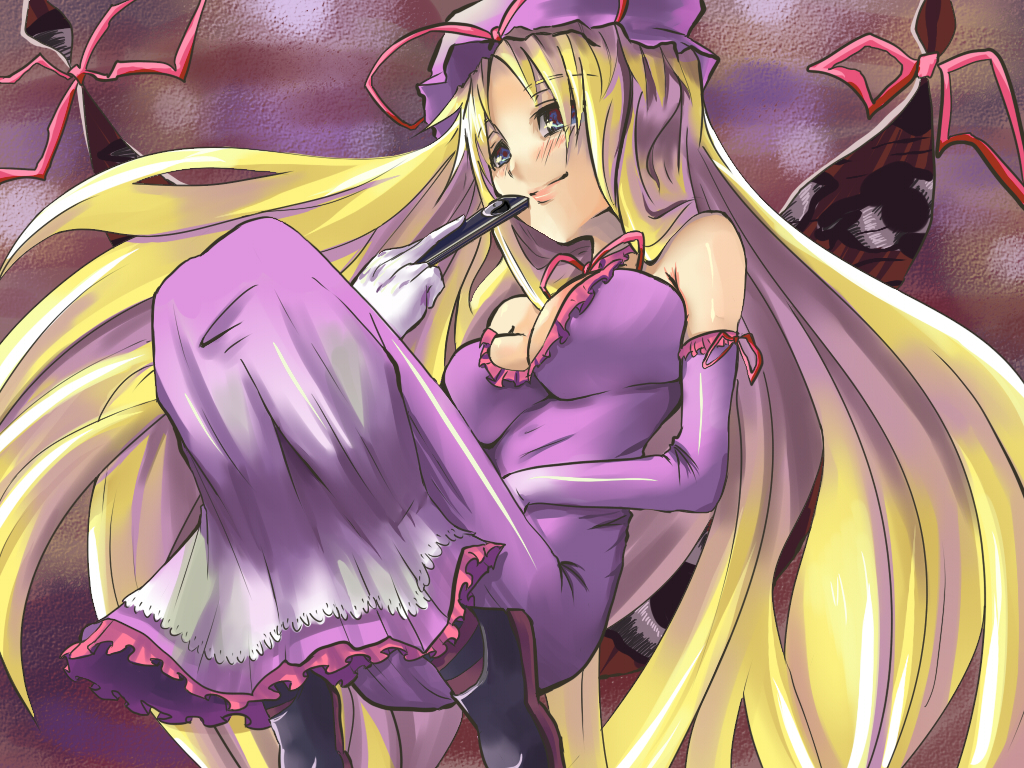 aryus, yakumo yukari, touhou, bad id, bad pixiv id, 1girl, breasts, dress, elbow gloves, female focus, gap (touhou), gloves, gradient background, hat, solo