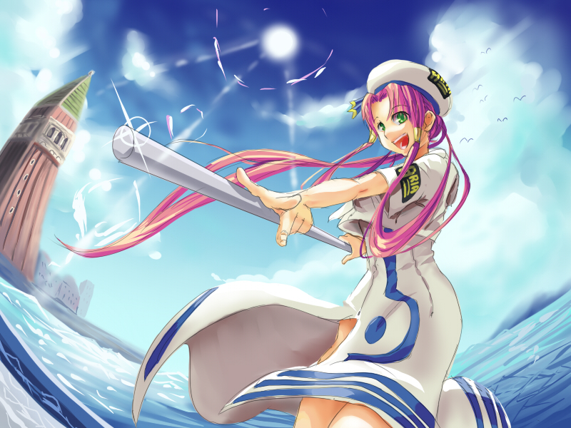 aryus, mizunashi akari, aria (manga), bad id, bad pixiv id, 00s, 1girl, :d, beret, blouse, blue eyes, blue sky, cloud, day, dress, female focus, glint, hat, light rays, long hair, looking at viewer, ocean, open mouth, outdoors, pink hair, ponytail, puffy short sleeves, puffy sleeves, shirt, shore, short hair with long locks, short sleeves, sidelocks, sky, smile, solo, sun, venice, very long hair, water, white dress, white shirt