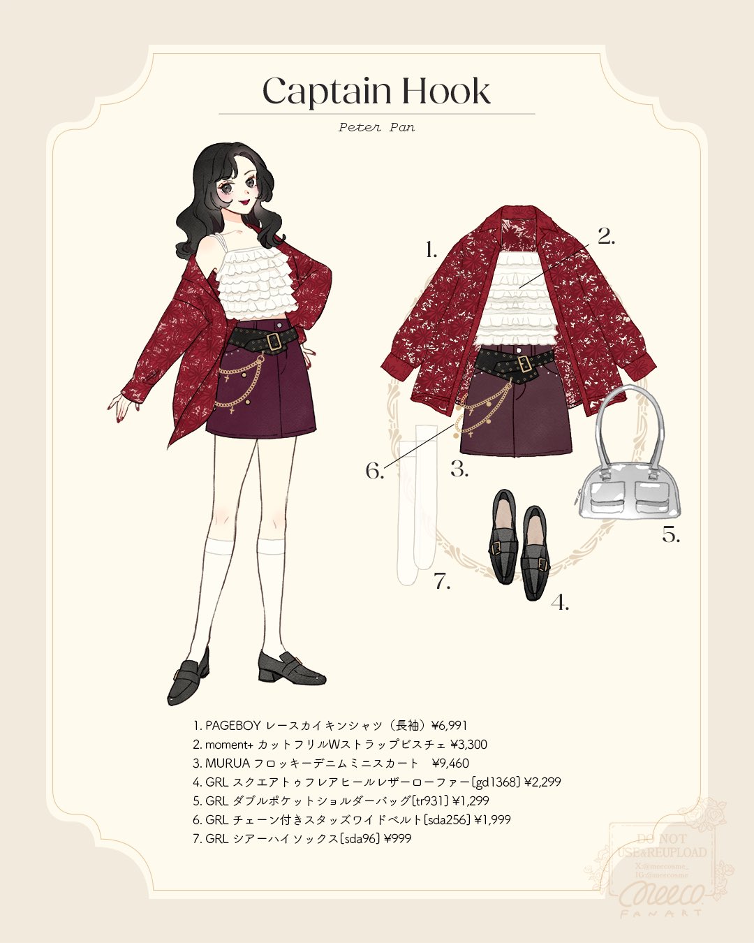 meecosme, captain hook, walt disney's peter pan, highres, 1girl, bag, black hair, contemporary, curly hair, full body, genderswap, handbag, jacket, lips, long hair, shirt, skirt, smile, solo