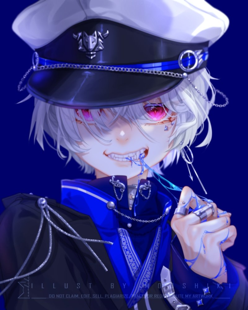 original, commentary, english commentary, 1boy, ambiguous blue liquid, artist name, black jacket, blue background, blue jacket, clenched teeth, fangs, hair between eyes, hair over one eye, hand up, hat, jacket, jewelry, long sleeves, looking at viewer, male focus, mooshiki, multicolored jacket, peaked cap, pink eyes, ring, short hair, simple background, solo, straight-on, teeth, two-tone jacket, upper body, white hair, white hat