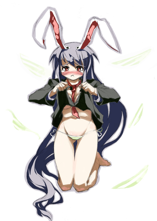 itsukia, reisen udongein inaba, touhou, bad id, bad pixiv id, 1girl, animal ears, clothes lift, female focus, full body, long hair, panties, rabbit ears, shirt lift, side-tie panties, simple background, solo, underwear, very long hair, white background