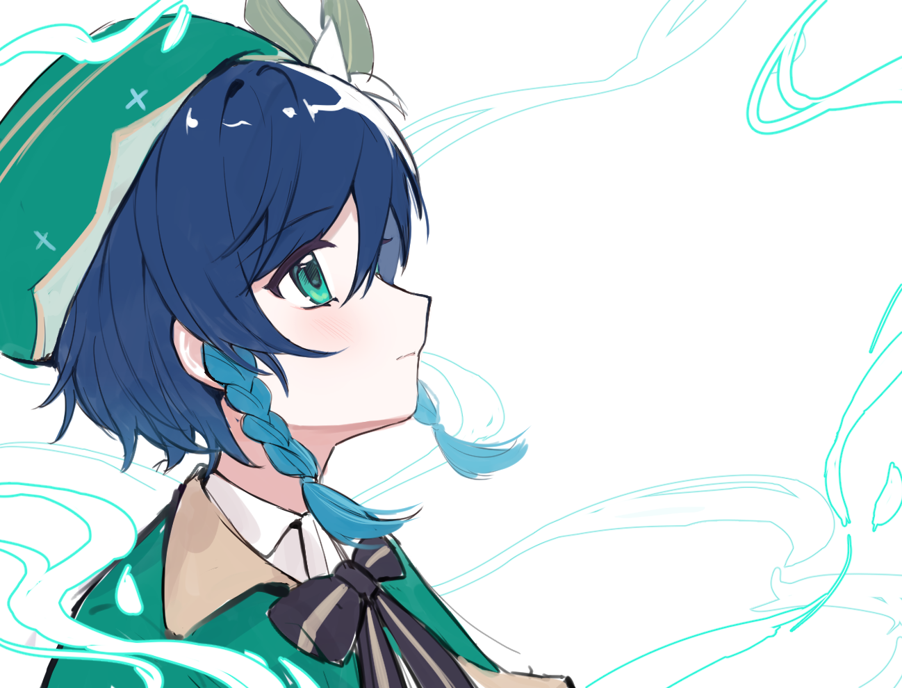 venti (genshin impact), genshin impact, 1boy, aqua capelet, aqua eyes, aqua hat, beret, black bow, black bowtie, blue hair, bow, bowtie, braid, capelet, closed mouth, collared capelet, collared shirt, expressionless, flower, from side, gradient hair, hair between eyes, hair flower, hair ornament, hair tie, hat, hat feather, light frown, lily (flower), looking ahead, male focus, multicolored hair, pointy nose, shirt, short hair with long locks, side braids, single stripe, smoke, solo, striped bow, striped bowtie, striped clothes, striped headwear, tareme, twin braids, upper body, white background, white flower, white shirt, yuichi 0711
