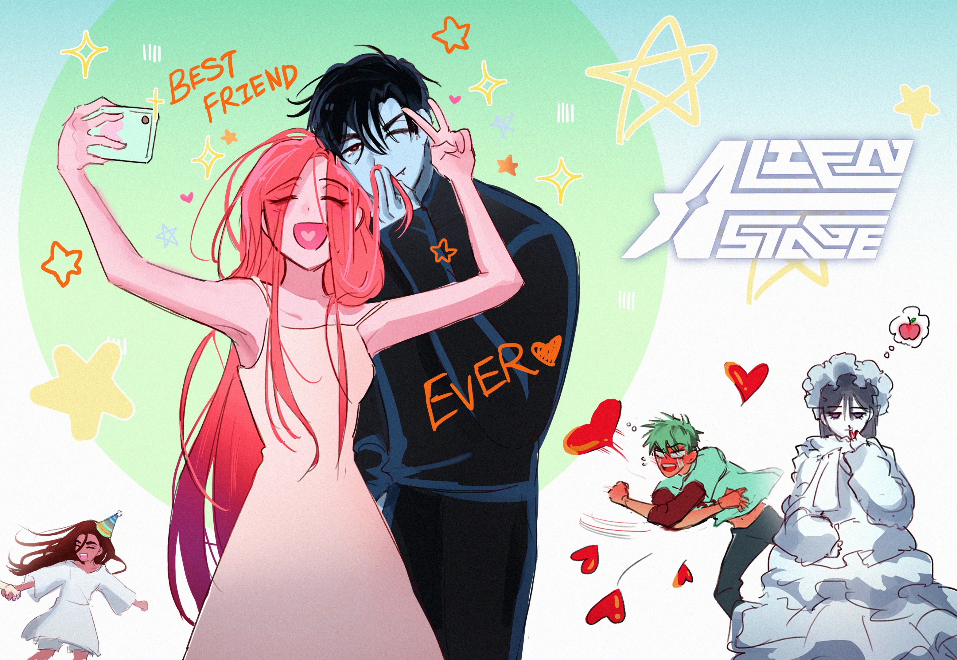 hyuna (alien stage), ivan (alien stage), mizi (alien stage), sua (alien stage), till (alien stage), alien stage, commentary, english commentary, highres, apple, black eyes, black shirt, bonnet, closed eyes, copyright logo, copyright name, dress, english text, eve hw, food, frilled dress, frills, fruit, heart, heart in mouth, holding, holding phone, long hair, one eye closed, phone, pink hair, purple hair, red pupils, selfie, shirt, sleeveless, sleeveless dress, star (symbol), v, very long hair, white bonnet, white dress