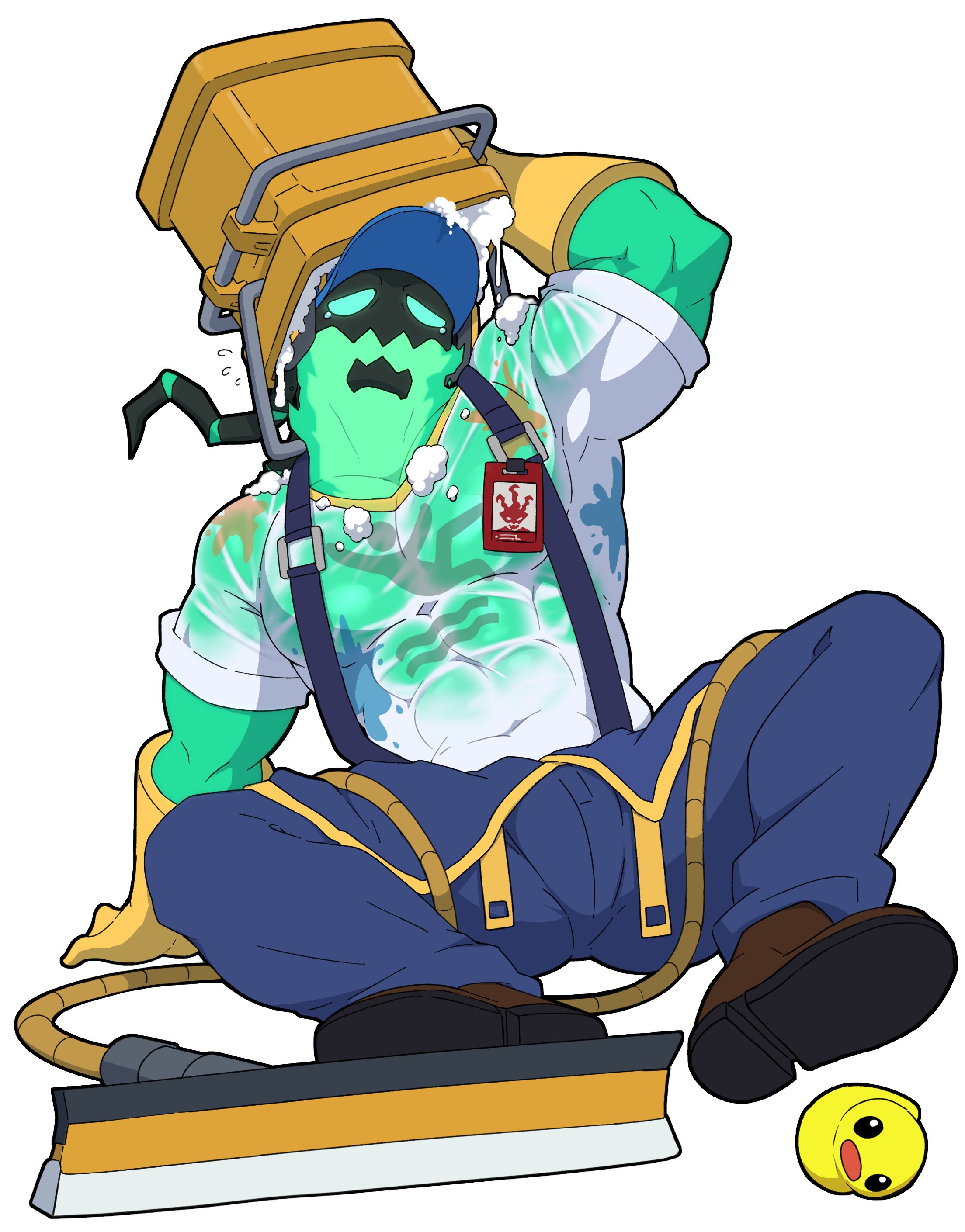 aark0, altoh, janitor thresh, thresh (league of legends), league of legends, absurdres, commentary, english commentary, highres, 1boy, abs, bara, blue pants, boots, brown boots, gloves, horns, janitor, male focus, muscular, muscular male, pants, pectorals, rubber duck, shirt, single horn, suspenders, tearing up, wet, wet clothes, wet shirt, white background, yellow gloves
