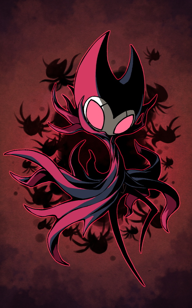 fuifui, grimm (hollow knight), grimmchild, hollow knight, black cloak, cloak, full body, horns, looking at viewer, red eyes, red light, wings