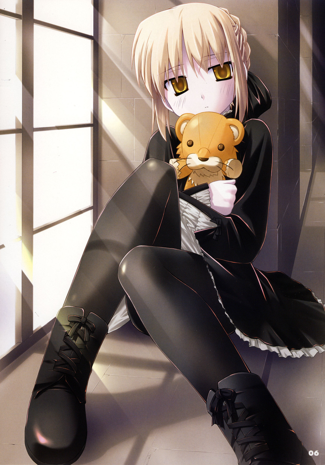 bakutendou, artoria pendragon (fate), saber (fate), saber alter, saber alter (gothic lolita), fate/stay night, fate (series), highres, 00s, 1girl, boots, dress, female focus, goth fashion, gothic lolita, lace-up boots, lolita fashion, official alternate costume, pantyhose, solo, stuffed animal, stuffed lion, stuffed toy