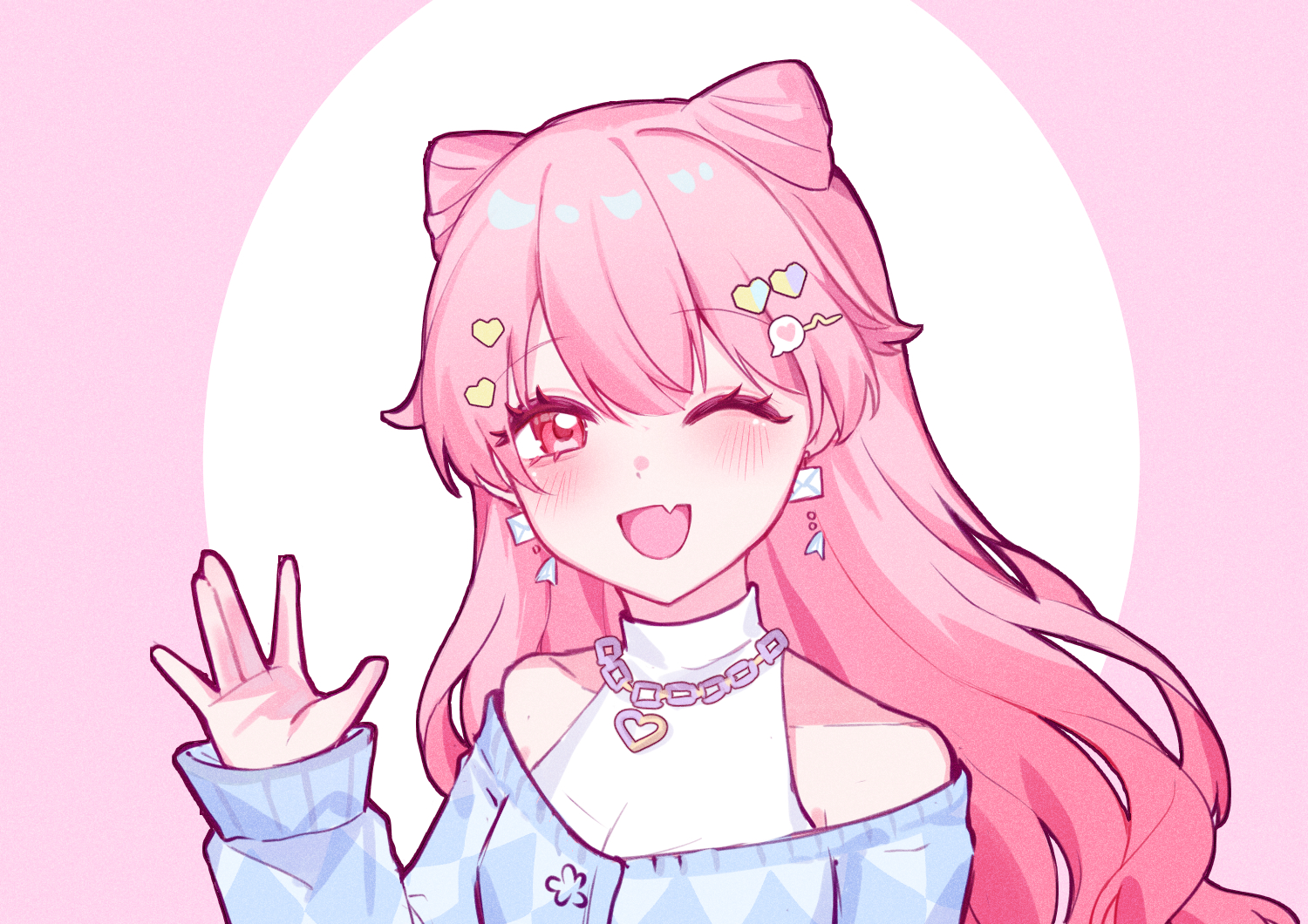 momoi airi, project sekai, 1girl, bare shoulders, blue jacket, blush, buttons, chain, chain necklace, circle, cone hair bun, diamond earrings, dot nose, double bun, earrings, eyeshadow, fang, flower button, hair between eyes, hair bun, hair ornament, hairclip, halter shirt, halterneck, hand up, happy, heart, heart hair ornament, heart necklace, jacket, jewelry, long hair, long sleeves, makeup, necklace, off-shoulder jacket, off shoulder, one eye closed, open mouth, palms, pink background, pink eyes, pink eyeshadow, pink hair, shirt, skin fang, sleeves past wrists, smile, solo, speech bubble, speech bubble hair ornament, spoken heart, sweater jacket, two-tone background, upper body, very long hair, waving, wavy hair, white background, white shirt, yuichi 0711