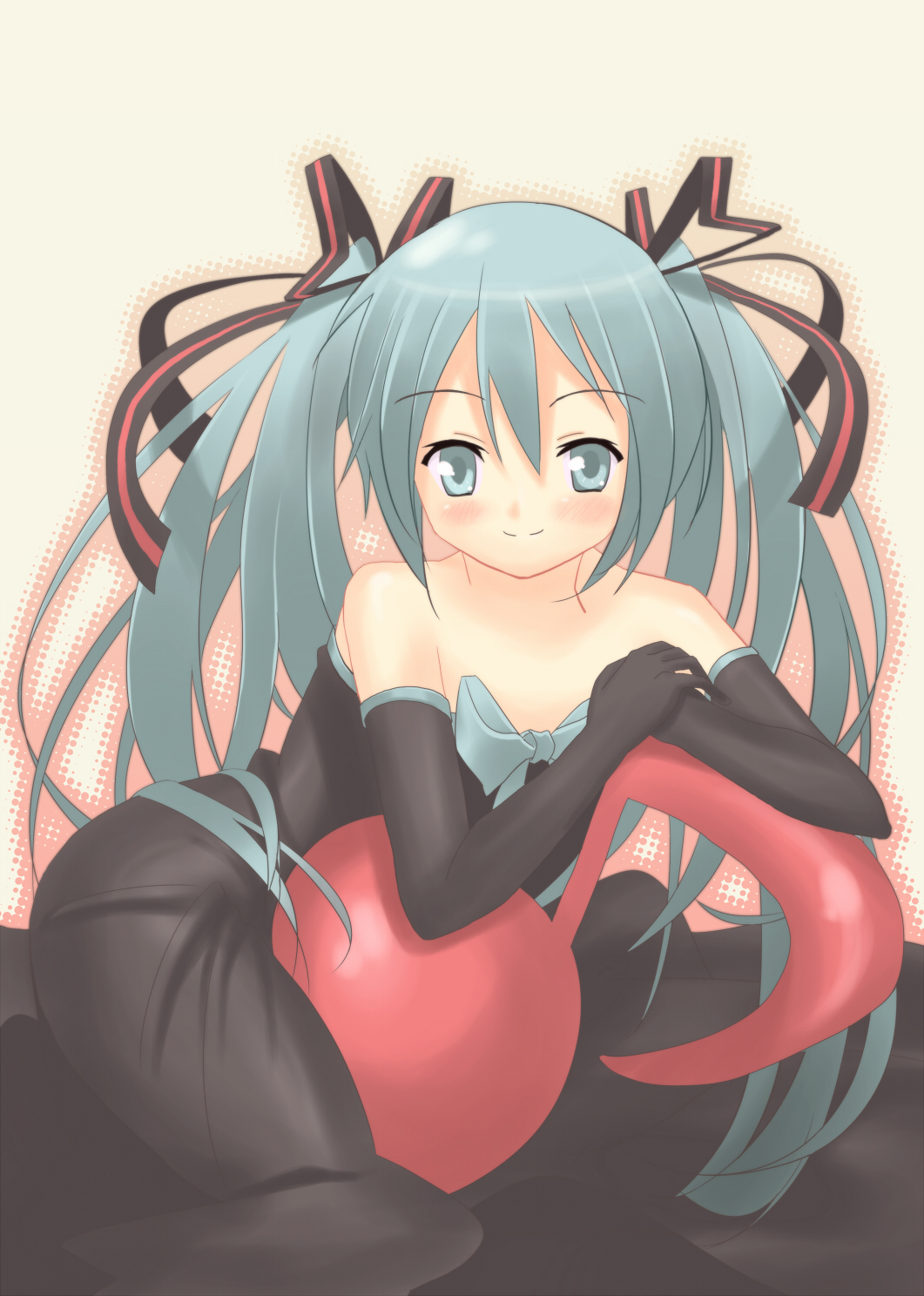 nagareboshi, hatsune miku, vocaloid, highres, 1girl, aqua hair, blush, dress, elbow gloves, female focus, gloves, hair ribbon, long hair, musical note, ribbon, smile, solo, twintails