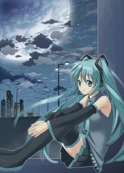 nagareboshi, hatsune miku, vocaloid, 1girl, female focus, moon, night, solo, thighhighs