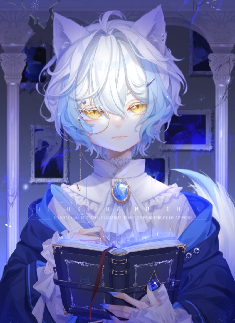 original, commentary, english commentary, 1boy, animal ear fluff, animal ears, artist name, ascot, blue brooch, blue gemstone, blue jacket, blue nails, book, brooch, cat boy, cat ears, closed mouth, double-parted bangs, feathers, gem, hair between eyes, holding, holding book, holding feather, jacket, jewelry, long sleeves, looking at viewer, male focus, monocle, mooshiki, nail polish, open book, open clothes, open jacket, shirt, short hair, solo, straight-on, upper body, white ascot, white hair, white shirt, yellow eyes