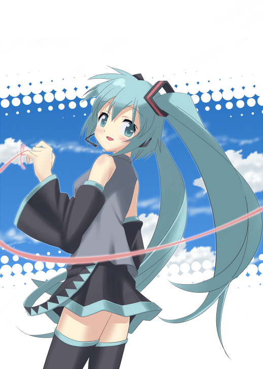 nagareboshi, hatsune miku, vocaloid, 1girl, aqua hair, female focus, ribbon, sky, solo, thighhighs, twintails