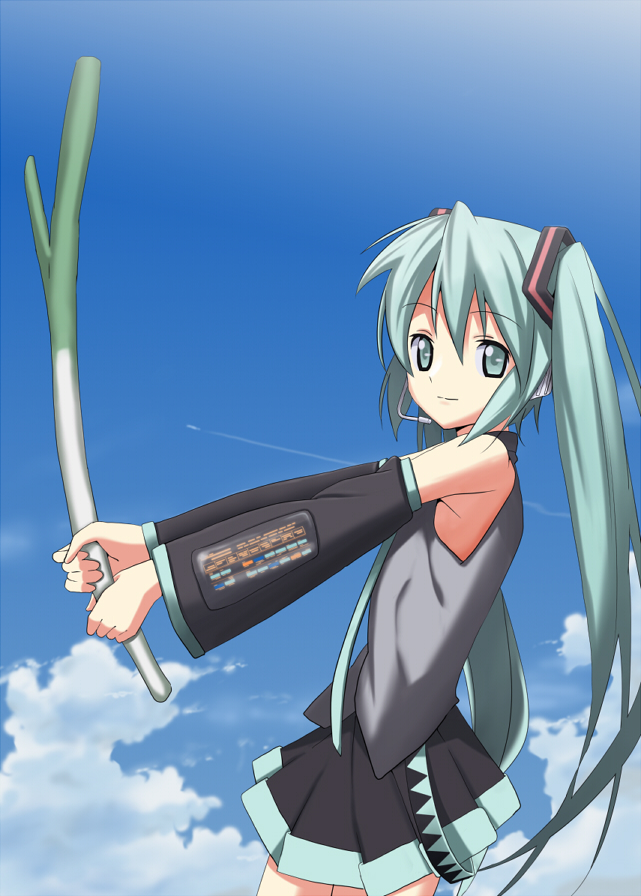 nagareboshi, hatsune miku, vocaloid, 1girl, aqua hair, cloud, day, female focus, sky, solo, spring onion